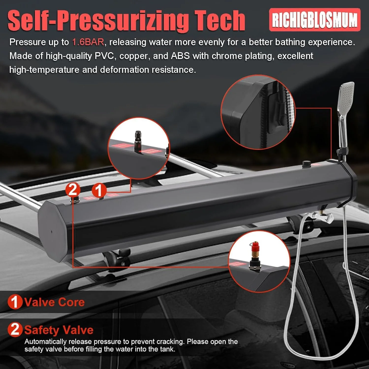 مخزن آب قابل حمل 18 لیتری برای خودروها، دوش باربند، خودفشار (1.6 بار)، PVC+ABS مقاوم، برای دوش های فضای باز، شستشوی حیوانات خانگی و تجهیزات