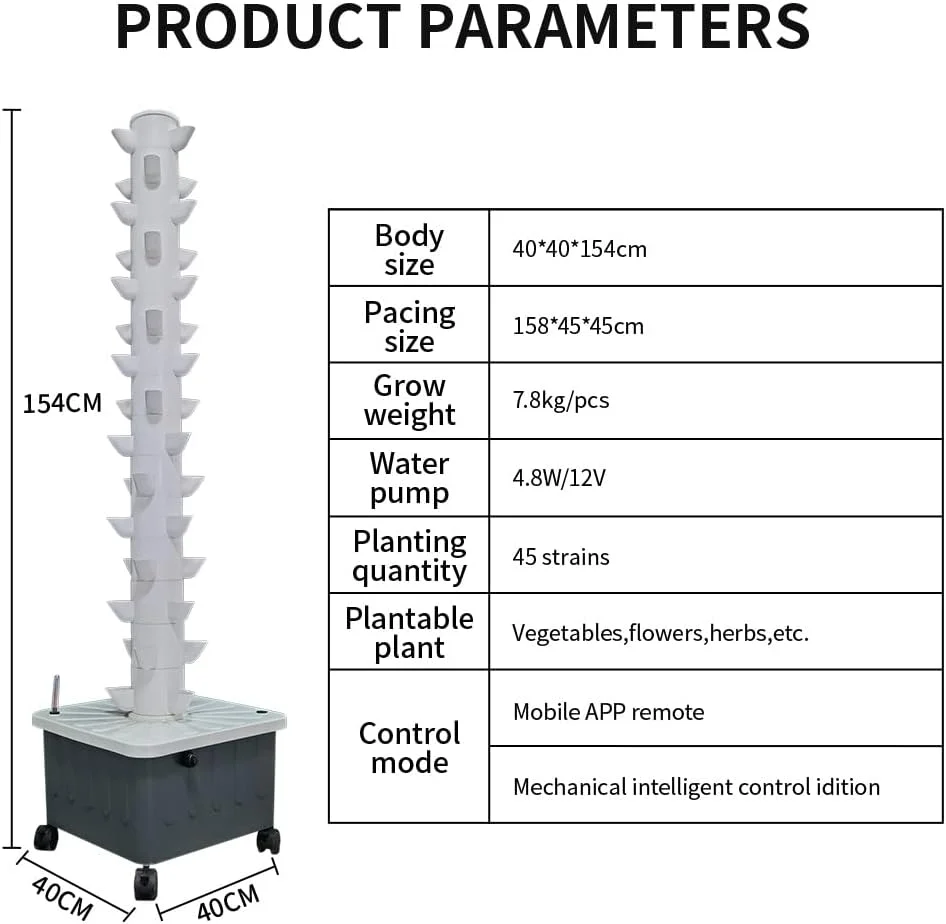 برج کشت عمودی هیدروپونیک برای گیاهان دارویی، میوه ها و سبزیجات، 15 لایه 45 محل کاشت با مخزن آب متحرک، پمپ آبرسانی، تایمر و آداپتور (45 گلدان)