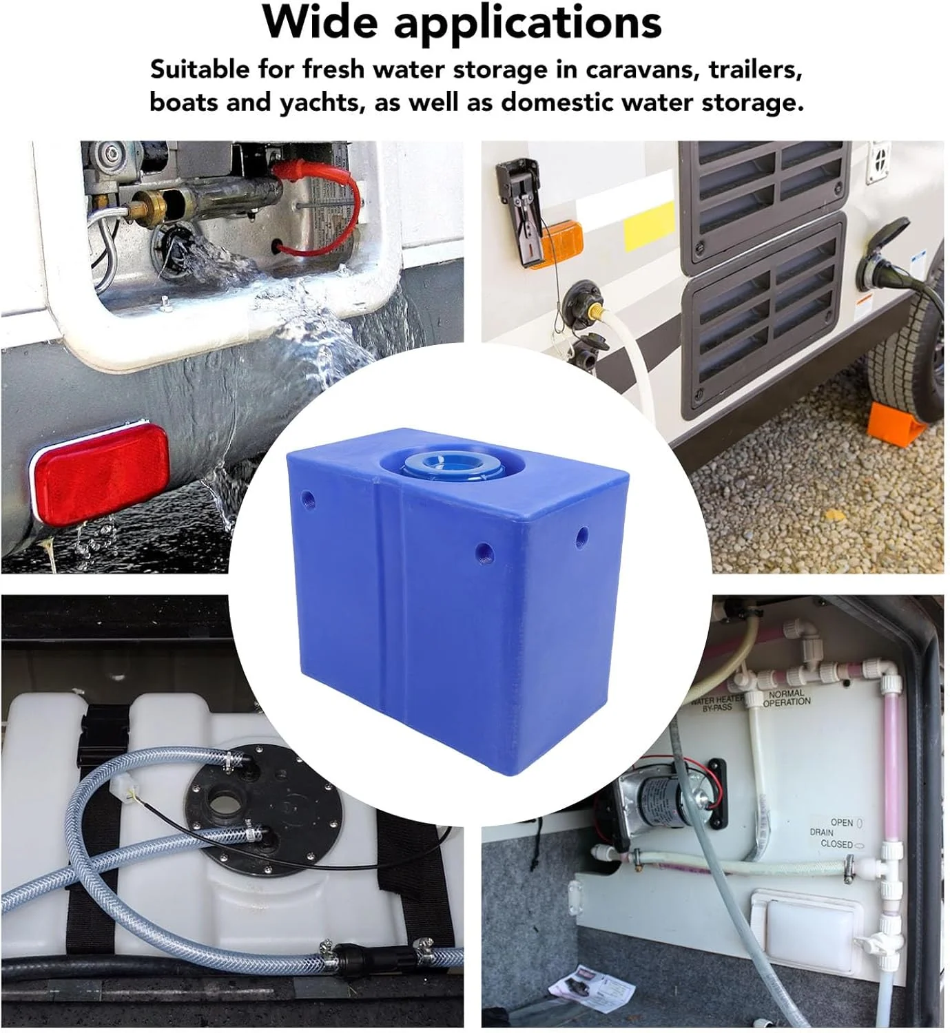مخزن آب 60 لیتری مناسب RV، ساخته شده از LLDPE، مناسب برای تریلر، قایق و کمپینگ، طراحی مربعی 50x43x30 سانتی متر با پورت پرکننده 130 میلی متری