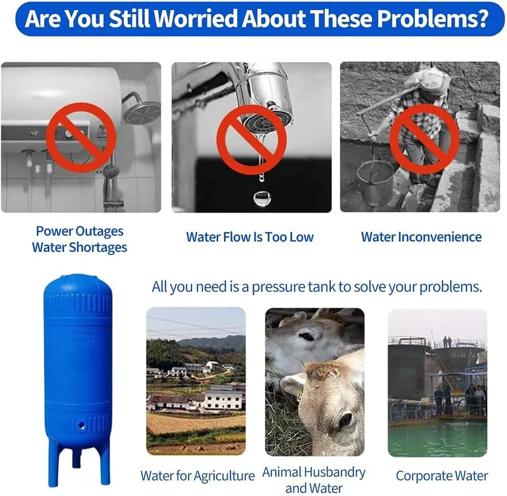 مخزن تحت فشار آب چاه PE، کیت مخزن آب تحت فشار، مخزن عمودی ایستاده با ظرفیت بزرگ، 250 لیتر/66 گالن (160 لیتر/42.3 گالن)