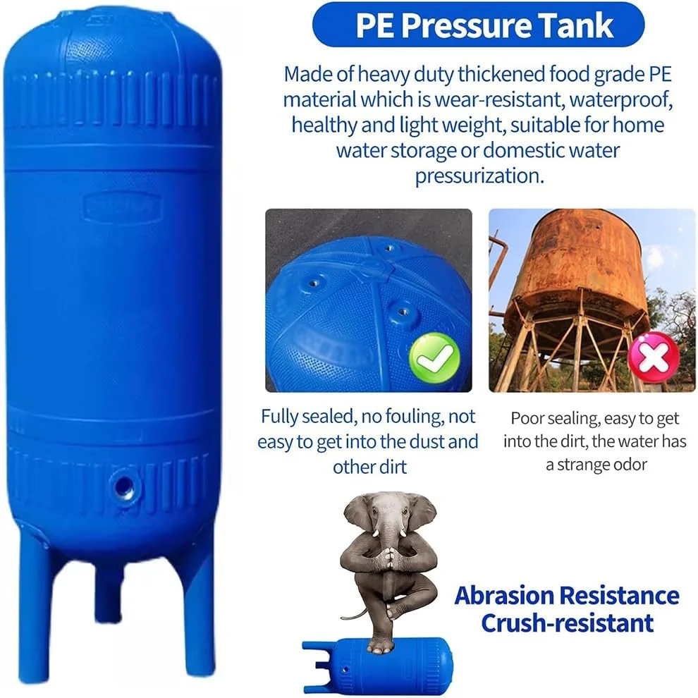 مخزن تحت فشار آب چاه PE، کیت مخزن آب تحت فشار، مخزن عمودی ایستاده با ظرفیت بزرگ، 250 لیتر/66 گالن (160 لیتر/42.3 گالن)
