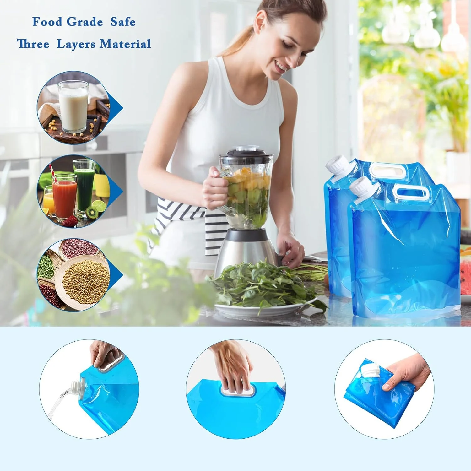 مخزن آب تاشو 10 لیتری با درب محکم، قمقمه آب انعطاف پذیر، کیسه آب آشامیدنی قابل حمل، قمقمه تاشو، کیسه آب برای فضای باز، کمپینگ، کباب پز، مصارف خانگی، بدون BPA، 3 عدد