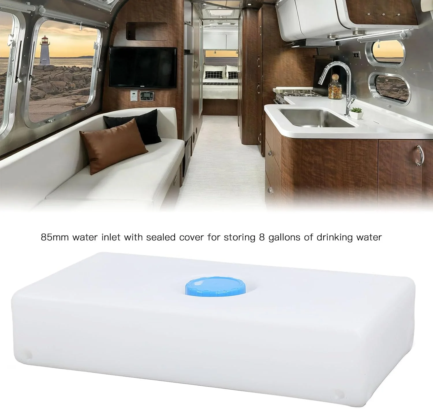 مخزن آب تازه و خاکستری 8 گالنی ضد نشت مناسب خودروهای مسافرتی، دارای ورودی آب 85 میلیمتری، مناسب کامیونهای حمل غذا، تریلرها، خودروهای مسافرتی، قایق تفریحی و قایق مخزن آب تازه و خاکستری 8 گالنی ضد نشت مناسب خودروهای مسافرتی، دارای ورودی آب 85 میلیمتری، مناسب کامیونهای حمل غذا، تریلرها، خودروهای مسافرتی، قایق تفریحی و قایق