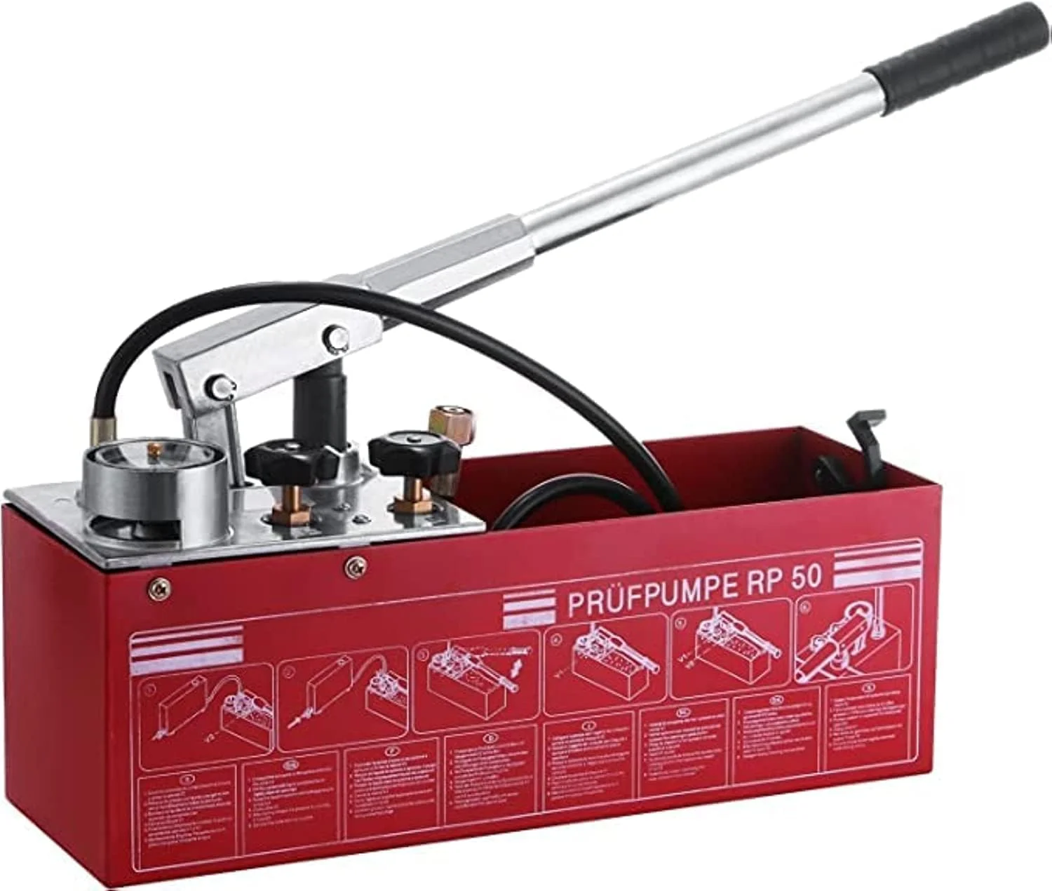 پمپ تست فشار دستی هیدرولیک AQSON، ۵۰ بار، مخزن ۱۲ لیتری، اتصال جریان (1/2 اینچ، ۴۵ میلی لیتر)