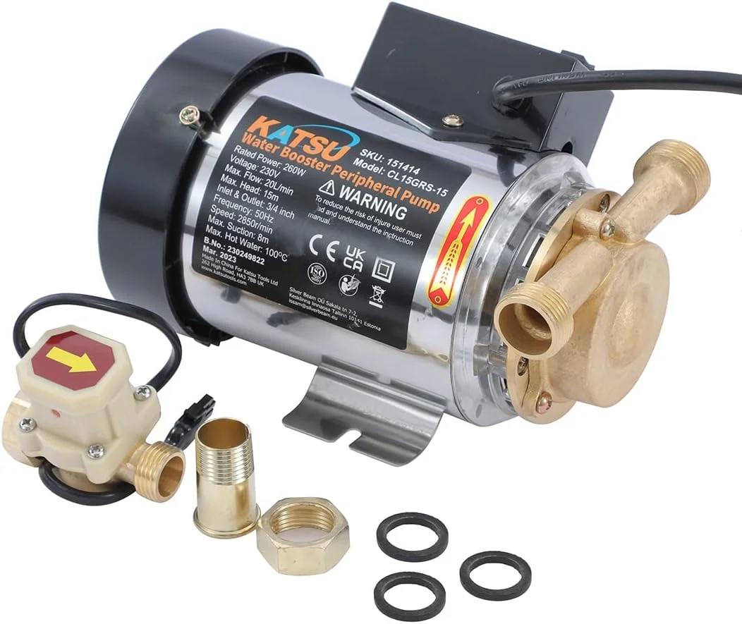 پمپ تقویت فشار آب کاتسو تولز 230 وات، سوئیچ کنترل فشار روشن/خاموش اتوماتیک، پمپ آب گرم و سرد برای باغ، منزل، دوش، ماشین لباسشویی 151414
