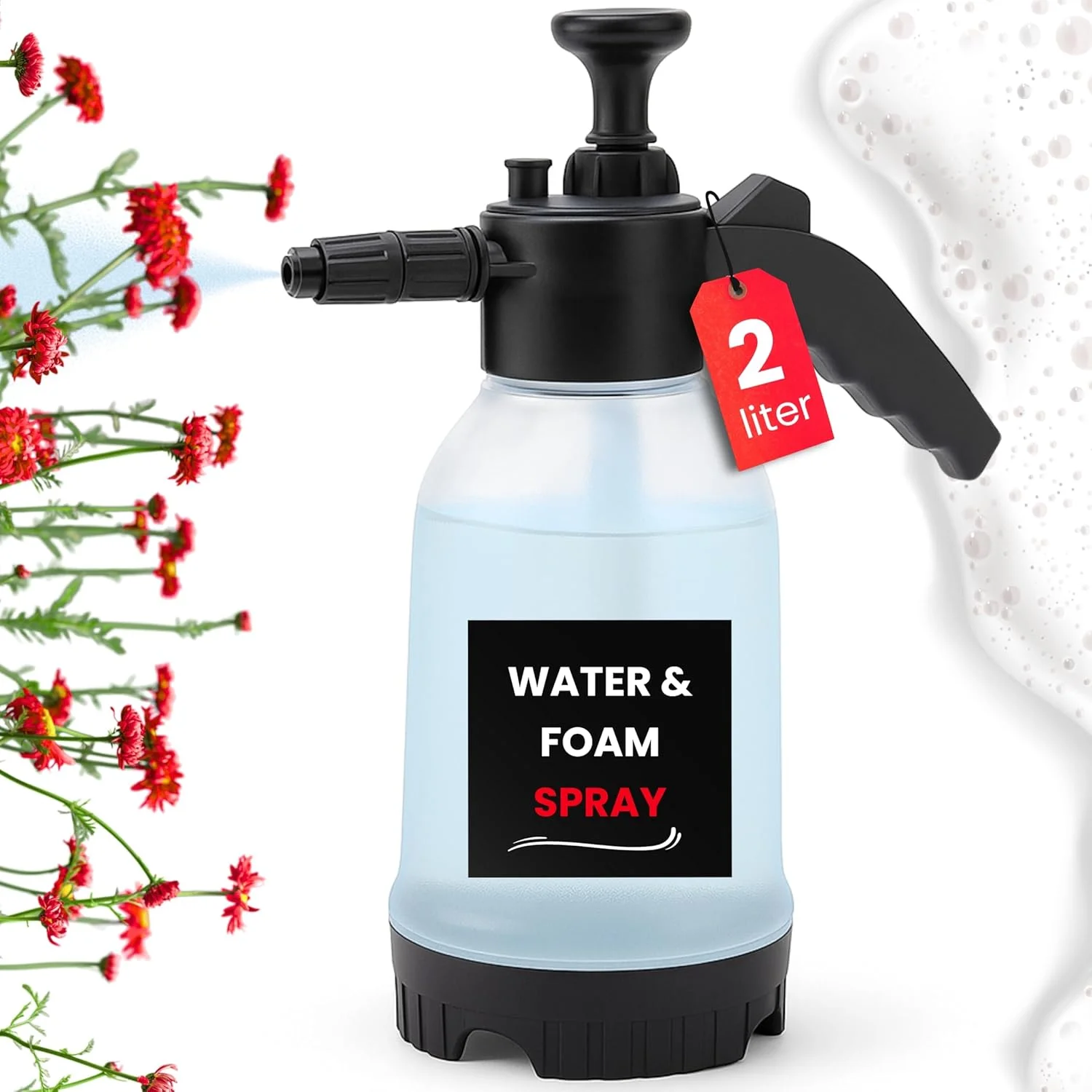 آبپاش دستی چند منظوره 2 لیتری با کیفیت عالی، بطری اسپری دستی پمپ آب با فشار برای گیاهان با شیر اطمینان و نازل قابل تنظیم، بطری فوم پاش مداوم (سفید شفاف)