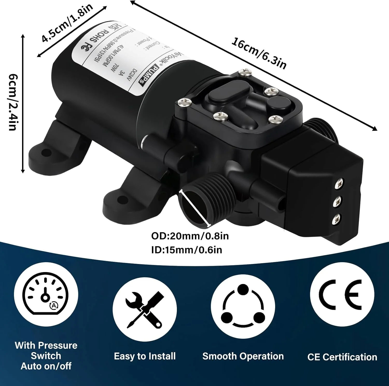 پمپ آب 24 ولت DC، 4 لیتر در دقیقه، اتصال 1/2 اینچ، پمپ دیافراگمی خود مکش با سوئیچ فشار برای شیر آب، کمپر، آشپزخانه، حمام، مخزن آب پمپ آب 24 ولت DC، 4 لیتر در دقیقه، اتصال 1/2 اینچ، پمپ دیافراگمی خود مکش با سوئیچ فشار برای شیر آب، کمپر، آشپزخانه، حمام، مخزن آب