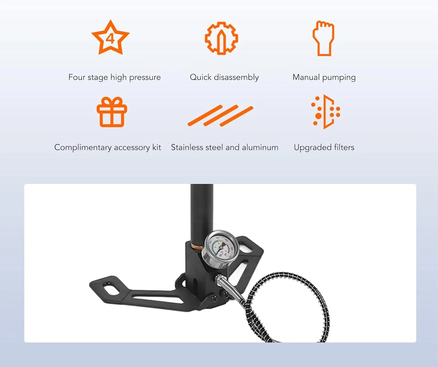 پمپ هوا، پمپ دستی فولادی ضد زنگ 30Mpa 3000psi با فیلتر، پایه تاشو قابل حمل برای تمرین تنفس غواصی در زیر آب
