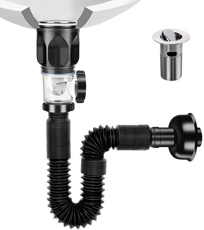 لوله تخلیه سینک ضد بو، لوله پایین S قابل گسترش، لوله اکستنشن برای تخلیه سینک آشپزخانه و دفع زباله با لوله P تله انعطاف پذیر و حلقه آب بندی آداپتور