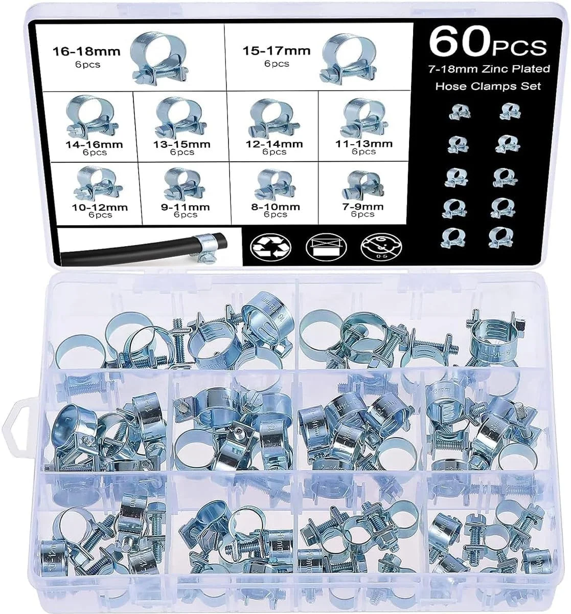 مجموعه بست شلنگ 60 عددی JOEJNCED، بست شلنگ خط سوخت، لوله آب، شلنگ هوا، اتصالات گالوانیزه کوچک، تثبیت کننده لوله مخزن گاز، ایده آل برای لوله کشی، کاربردهای خودرو و مکانیکی