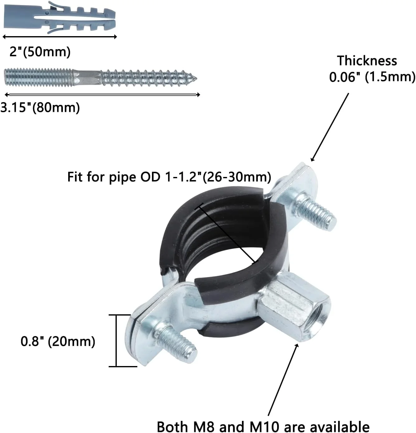 بست لوله رینگ شکاف دار 6 عددی، بست لوله قابل تنظیم سنگین با پیچ و لوله انبساطی، بست های تسمه لوله آهن گالوانیزه نصب شده روی سقف دیوار مناسب برای لوله OD 1-1.2 اینچ (26-30 میلی متر)