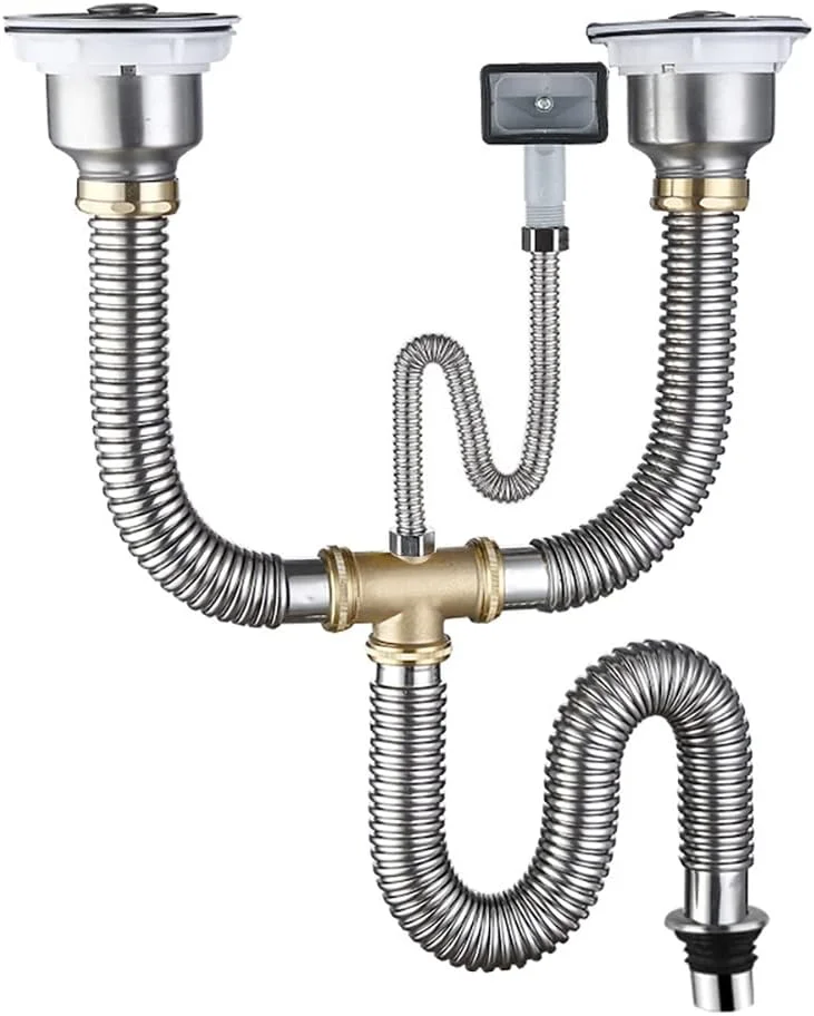 کیت لوله تخلیه سینک ظرفشویی دو لگنه استیل رابیک، اتصالات لوله خرطومی با صافی و لوله سرریز