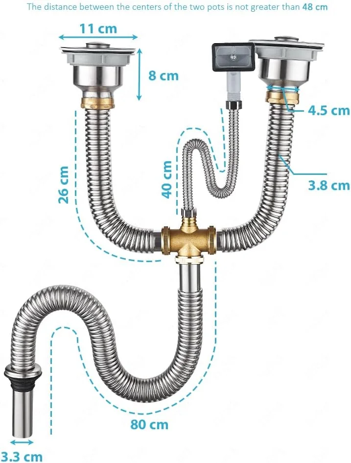 کیت لوله تخلیه سینک ظرفشویی دو لگنه استیل رابیک، اتصالات لوله خرطومی با صافی و لوله سرریز