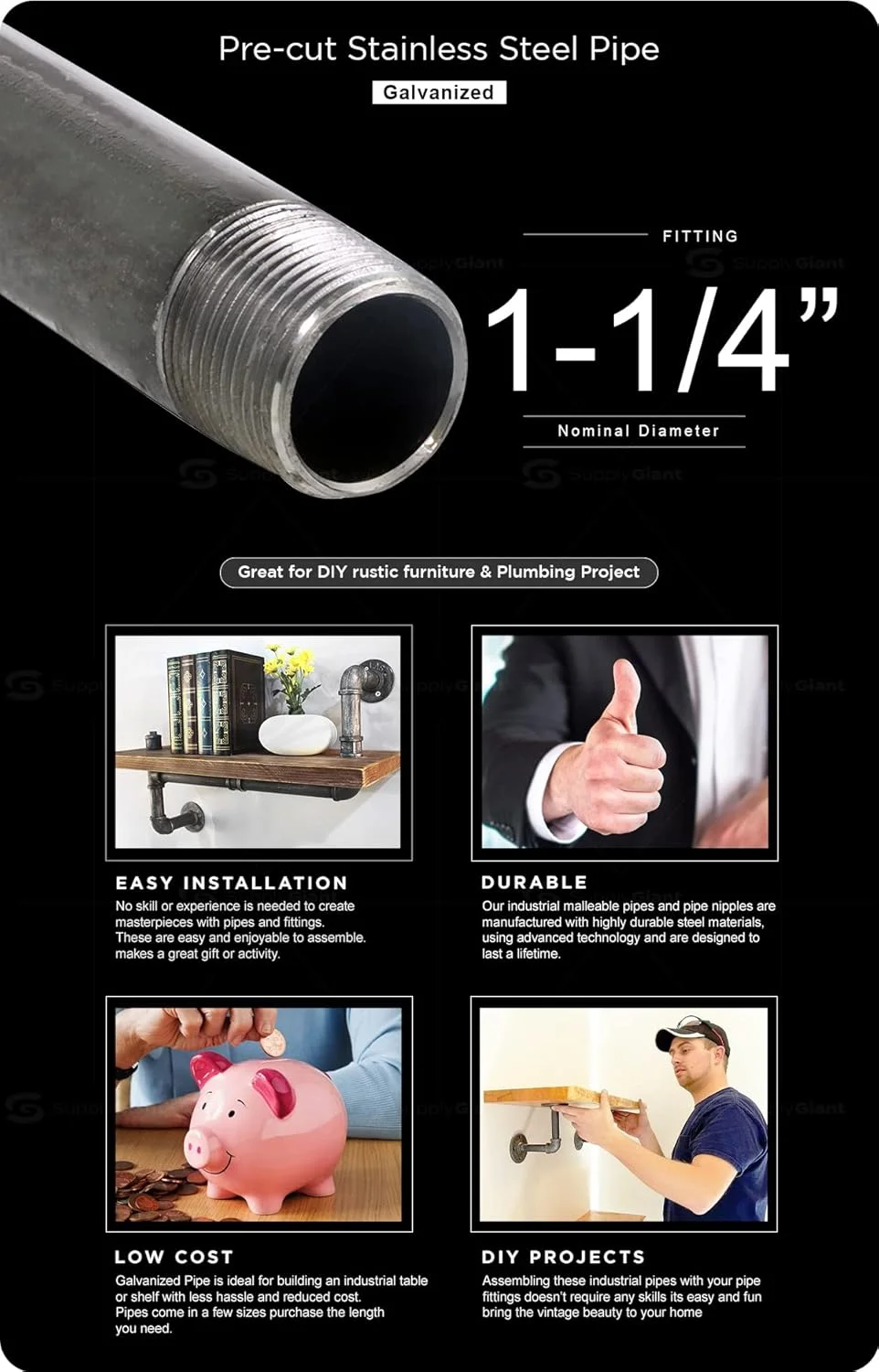 لوله گالوانیزه 1-1/4 اینچ، اتصالات لوله فولادی چکش خوار یک و یک چهارم اینچ برای ساخت مبلمان DIY وینتیج، 1-1/4" x 18" (بسته 5 عددی)