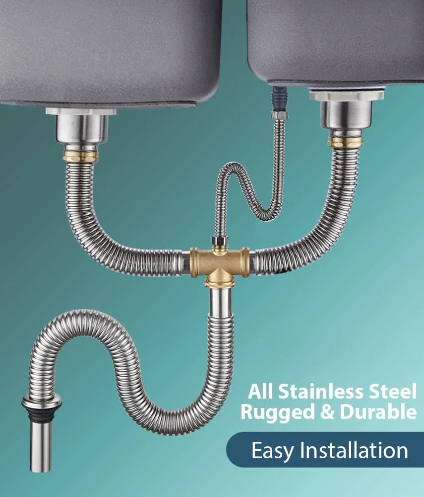 کیت لوله تخلیه سینک ظرفشویی دو لگنه استیل رابیک، اتصالات لوله خرطومی با صافی و لوله سرریز