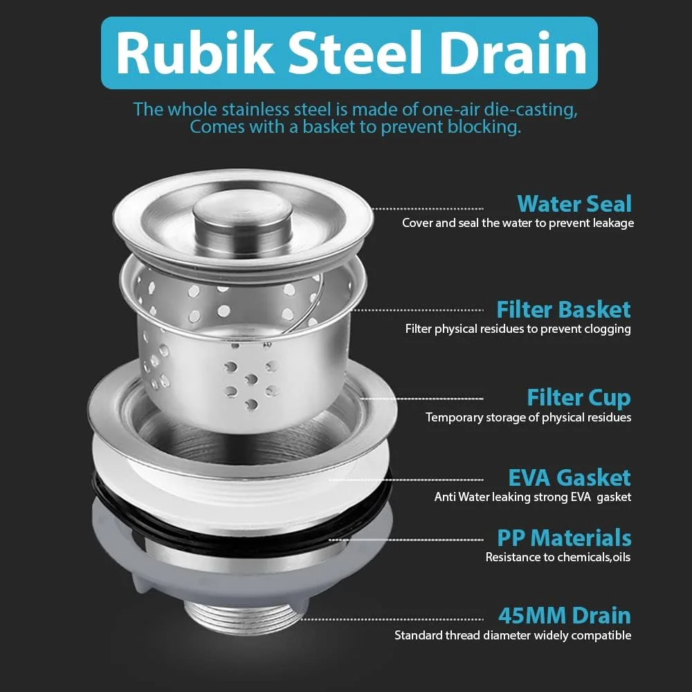 کیت لوله تخلیه سینک ظرفشویی دو لگنه استیل رابیک، اتصالات لوله خرطومی با صافی و لوله سرریز