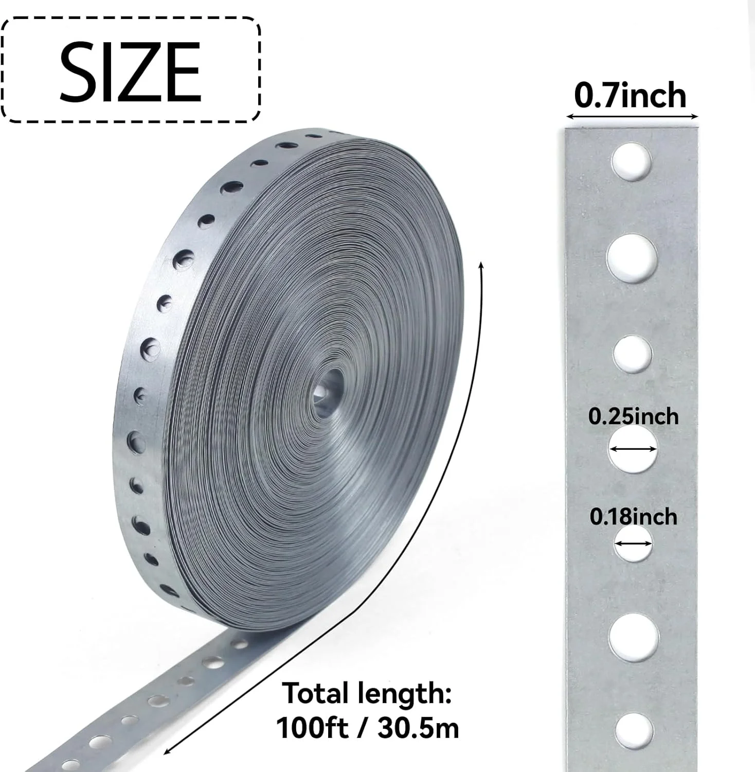 بست لوله فلزی گالوانیزه 1.7 سانتی متری در 30 متر، بست آویز لوله، تسمه فلزی انعطاف پذیر با سوراخ.