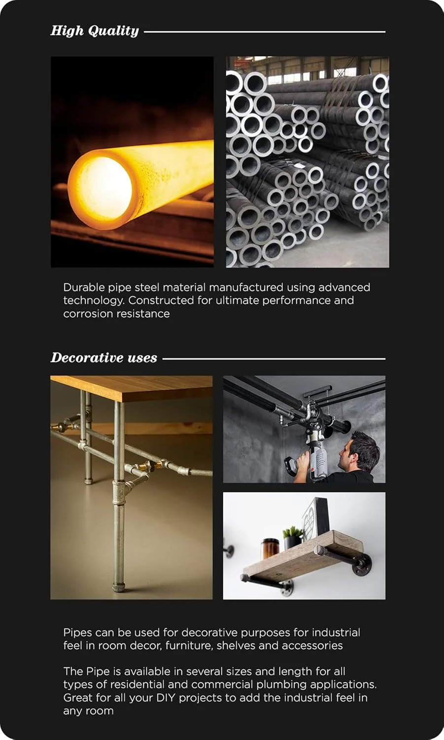 لوله گالوانیزه 1-1/4 اینچ، اتصالات لوله فولادی چکش خوار یک و یک چهارم اینچ برای ساخت مبلمان DIY وینتیج، 1-1/4" x 18" (بسته 5 عددی)