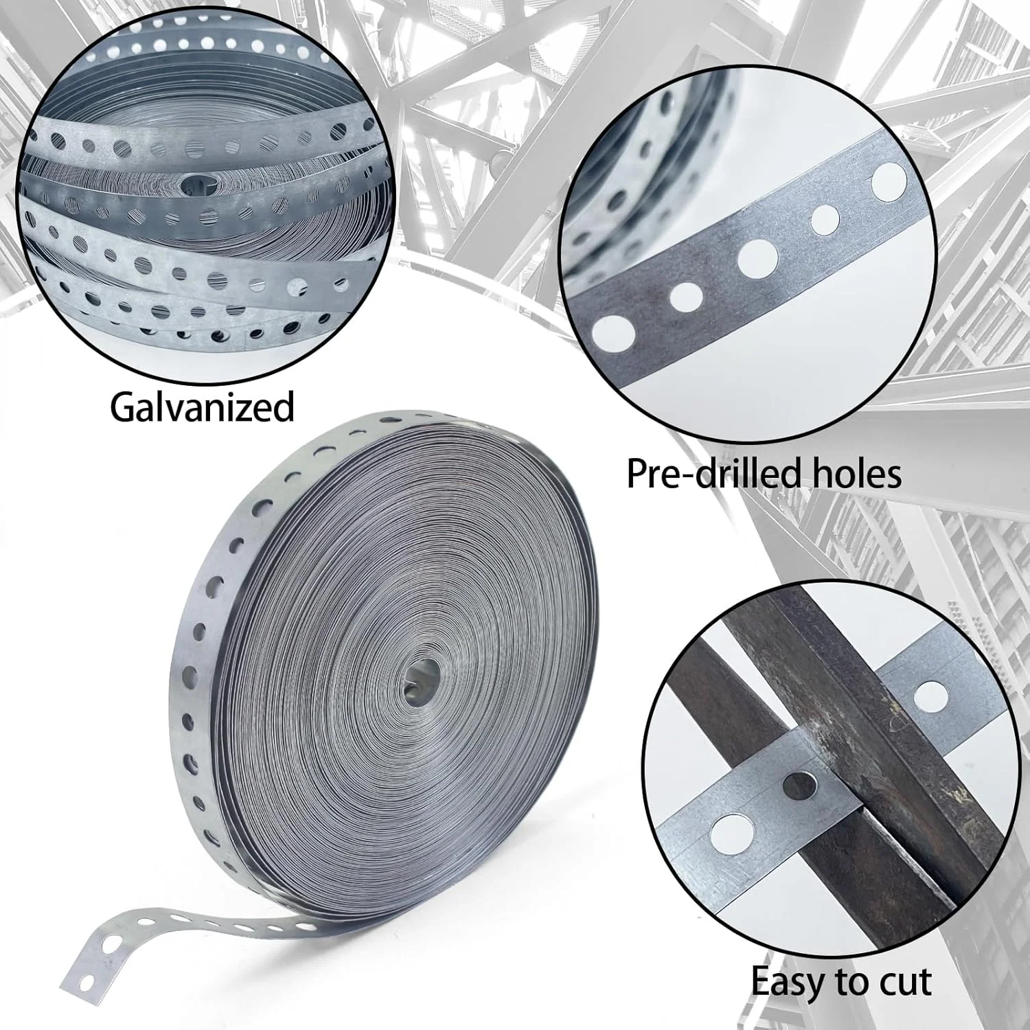 بست لوله فلزی گالوانیزه 1.7 سانتی متری در 30 متر، بست آویز لوله، تسمه فلزی انعطاف پذیر با سوراخ.