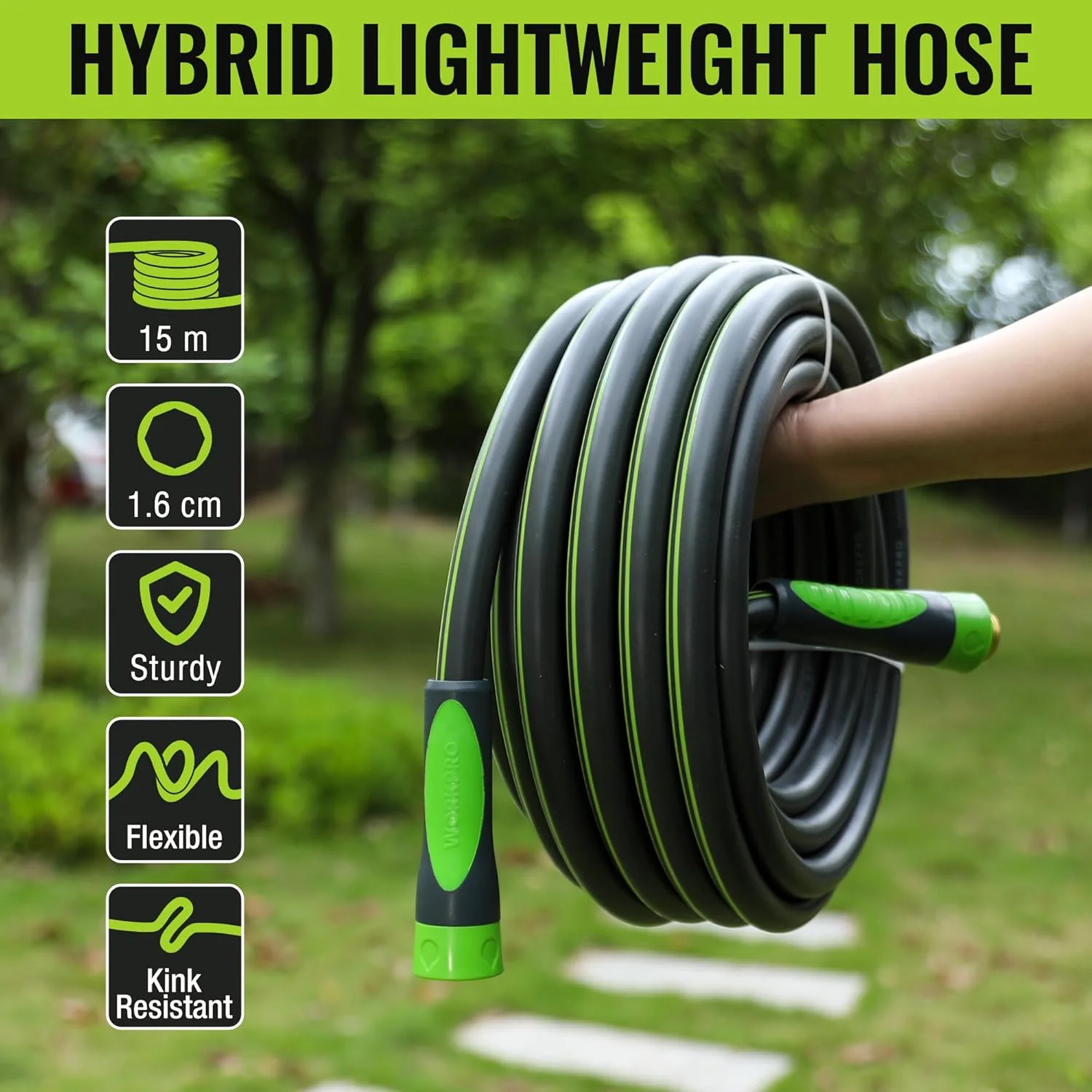 شلنگ باغ WORKPRO با طول 15 متر و قطر 1.6 سانتی متر، مقاوم، انعطاف پذیر، سبک وزن با دسته چرخان 360 درجه، اتصالات برنجی 3/4 اینچ، مناسب برای فضای باز، چمن، باغ، حیاط و شستشوی خودرو