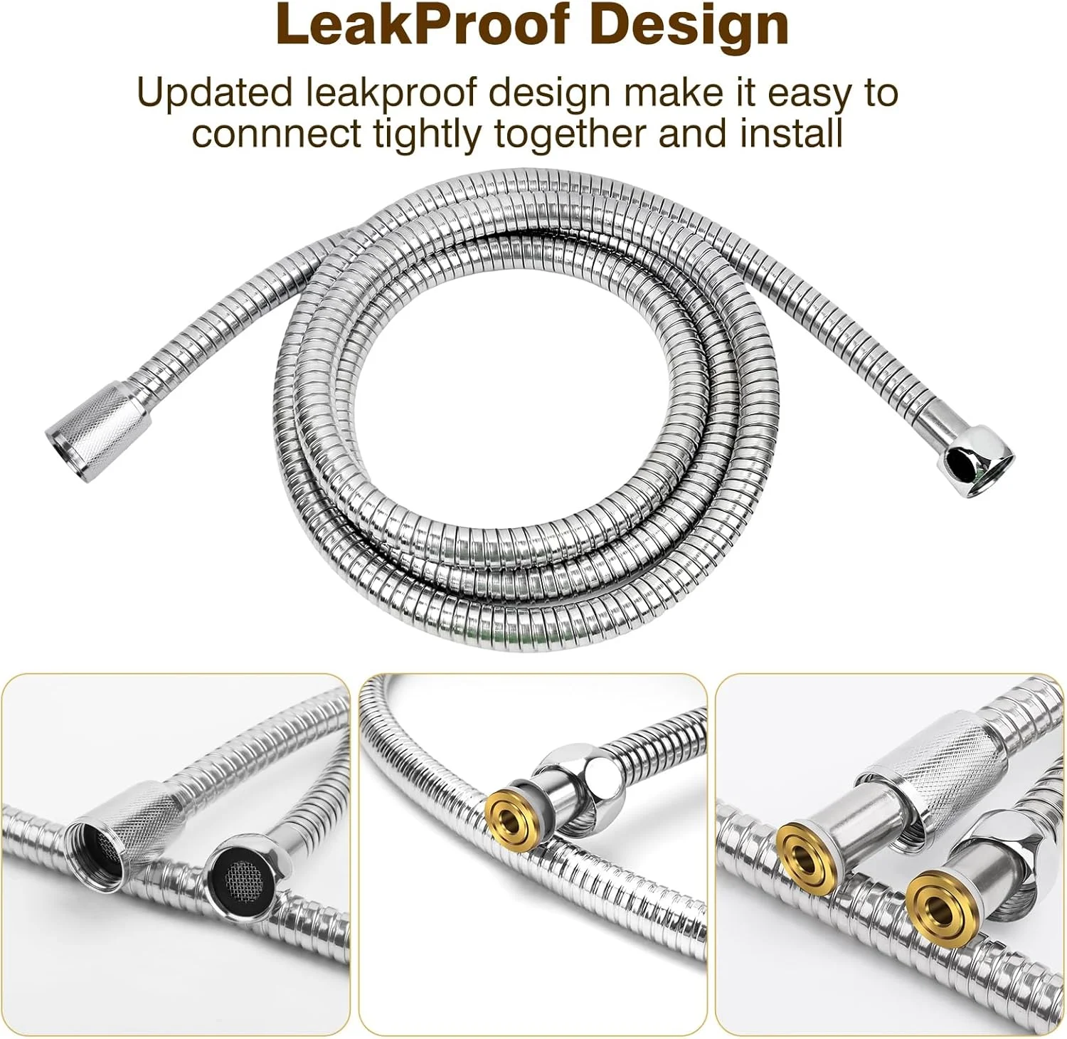 شلنگ دوش یونیورسال YEAUPE 1.5 متری (59 اینچ) ضد گره خوردگی، استاندارد G1/2 با اتصالات تمام مسی، کروم، شلنگ استیل ضد زنگ جایگزین ممتاز