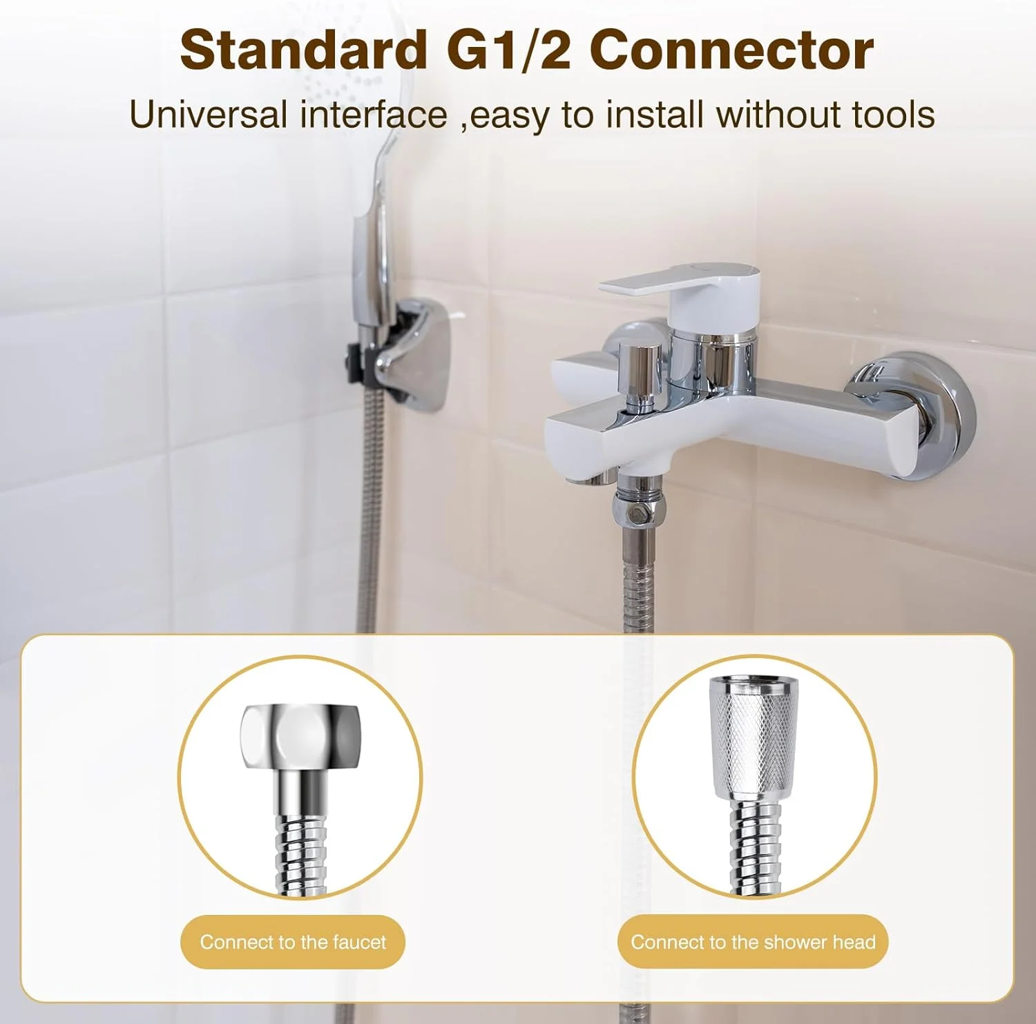 شلنگ دوش یونیورسال YEAUPE 1.5 متری (59 اینچ) ضد گره خوردگی، استاندارد G1/2 با اتصالات تمام مسی، کروم، شلنگ استیل ضد زنگ جایگزین ممتاز