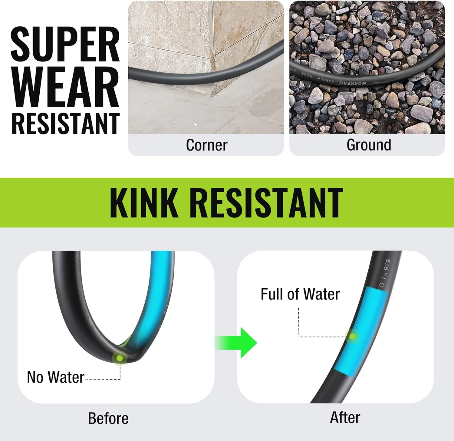 شلنگ باغ WORKPRO با طول 15 متر و قطر 1.6 سانتی متر، مقاوم، انعطاف پذیر، سبک وزن با دسته چرخان 360 درجه، اتصالات برنجی 3/4 اینچ، مناسب برای فضای باز، چمن، باغ، حیاط و شستشوی خودرو