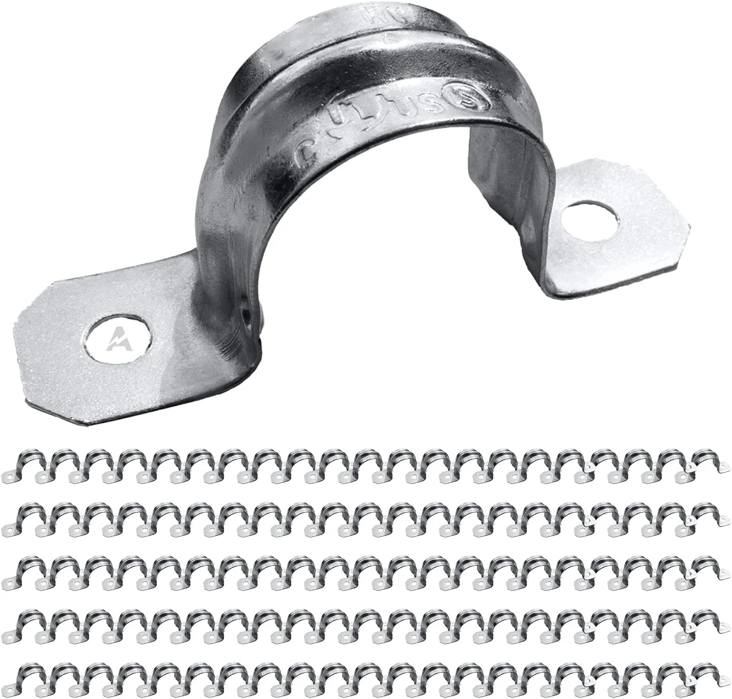 (بسته 100 عددی) بست لوله دو سوراخه گیره ای AP-10450، سایز 1/2 اینچ، برای نصب لوله های برق EMT، دارای دنده تقویت شده برای استحکام بیشتر، فلز گالوانیزه با روکش روی، گیره کششی برای نصب آسان