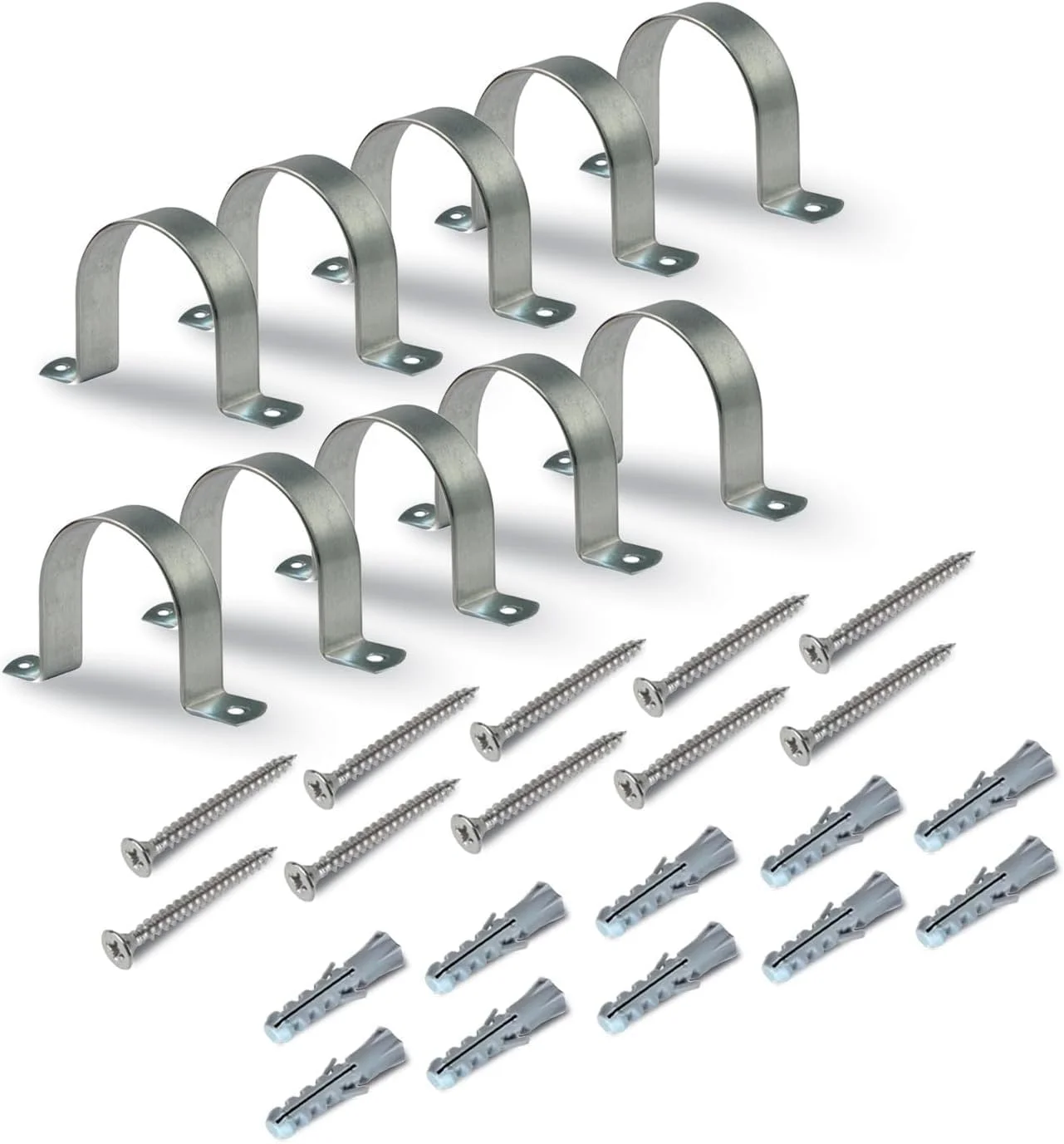 بست یو شکل گالوانیزه به همراه پیچ و رولپلاک - گیره آویز لوله برای بستن و پشتیبانی لوله های آب، گاز و لوله های برق - بست محکم - KYLAQ (5 عدد، 1-1/2 اینچ)