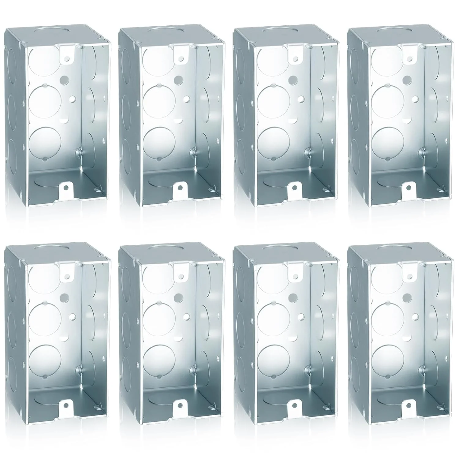 جعبه تقسیم برق فلزی کوپکیم، 8 عددی، 10x5 سانتی متر، عمق 5.4 سانتی متر، جعبه اتصال برق مربع، ظرفیت 270 سانتی متر مکعب، ساختار فلزی فولادی گالوانیزه، نقره ای