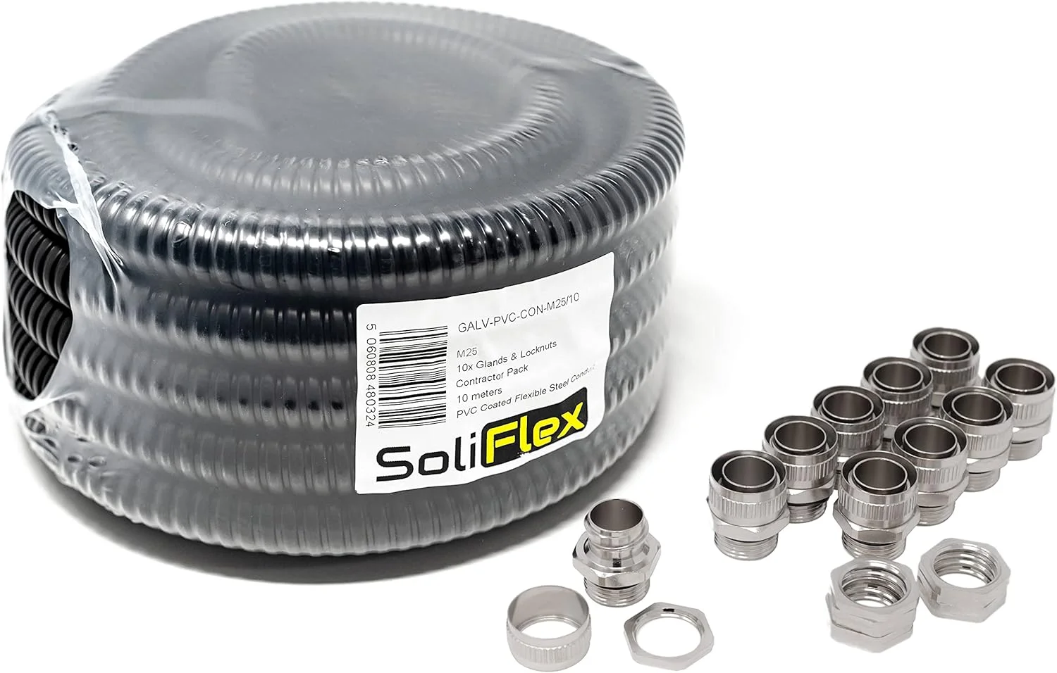 لوله خرطومی فلزی انعطاف پذیر ArmaKit مناسب فضای باز | بسته پیمانکاری لوله روکش PVC گالوانیزه (IP54) کلاف 10 متری - دفن زیرزمینی، کانال کشی باغ با اتصالات - 10 گلند و مهره قفلی