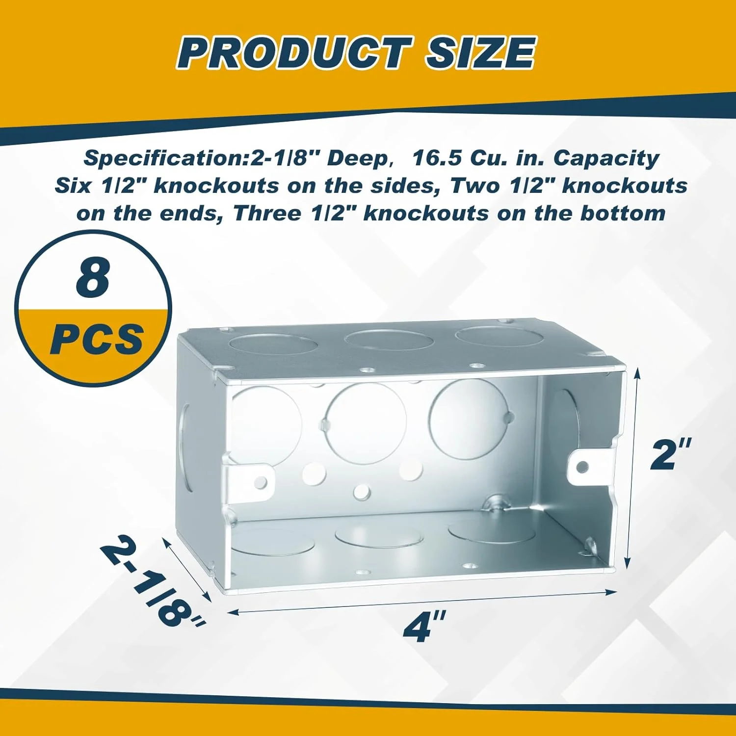 جعبه تقسیم برق فلزی کوپکیم، 8 عددی، 10x5 سانتی متر، عمق 5.4 سانتی متر، جعبه اتصال برق مربع، ظرفیت 270 سانتی متر مکعب، ساختار فلزی فولادی گالوانیزه، نقره ای