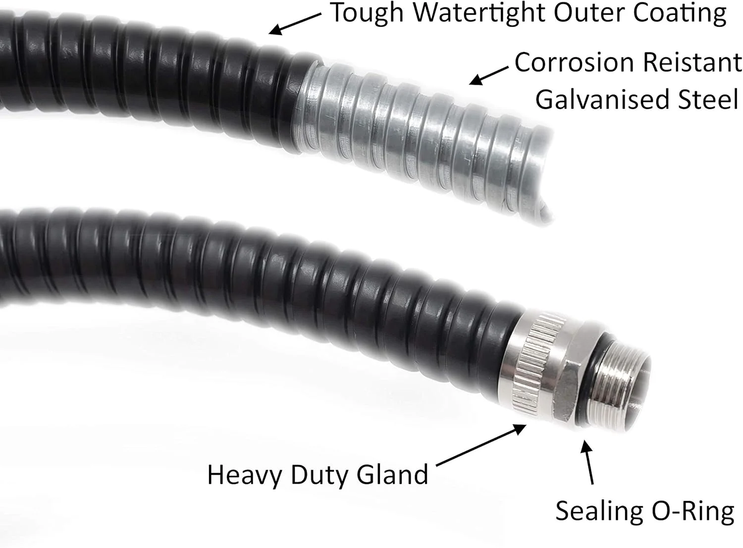 لوله خرطومی فلزی انعطاف پذیر ArmaKit مناسب فضای باز | بسته پیمانکاری لوله روکش PVC گالوانیزه (IP54) کلاف 10 متری - دفن زیرزمینی، کانال کشی باغ با اتصالات - 10 گلند و مهره قفلی