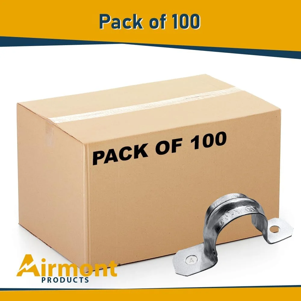(بسته 100 عددی) بست لوله دو سوراخه گیره ای AP-10450، سایز 1/2 اینچ، برای نصب لوله های برق EMT، دارای دنده تقویت شده برای استحکام بیشتر، فلز گالوانیزه با روکش روی، گیره کششی برای نصب آسان