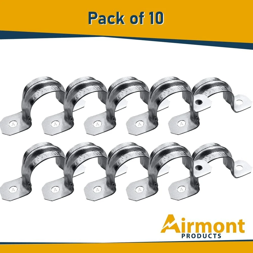 (بسته 10 عددی) بست لوله دو سوراخه سایز 1-1/2 اینچ مدل AP-10454، مناسب برای نصب لوله های برق EMT، دارای دنده تقویت شده برای استحکام بیشتر، فلز گالوانیزه با روکش روی، بست کششی برای نصب آسان