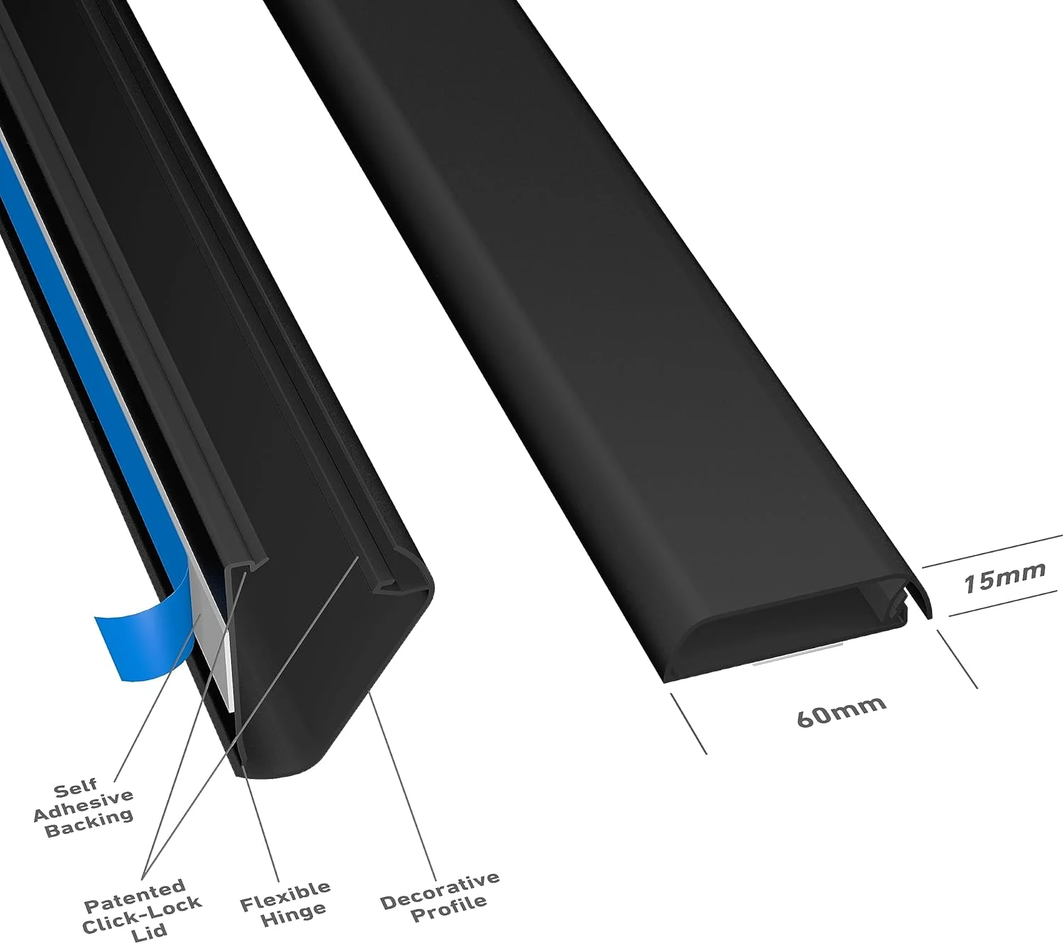 داکت سیم و کابل D-Line، پوشش سیم برای دیوار، مرتب کننده کابل تلویزیون، خود چسب، طراحی لولایی یک تکه - مشکی، 60 میلی متر (عرض) x 15 میلی متر (ارتفاع) x 40 سانتی متر طول