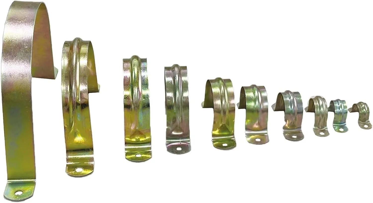 بست لوله 1/2 اینچ، دو سوراخه، گالوانیزه، رنگ برنجی، بست لوله U شکل، گیره لوله U، محکم کننده لوله (20 میلی متر، 50 عدد)