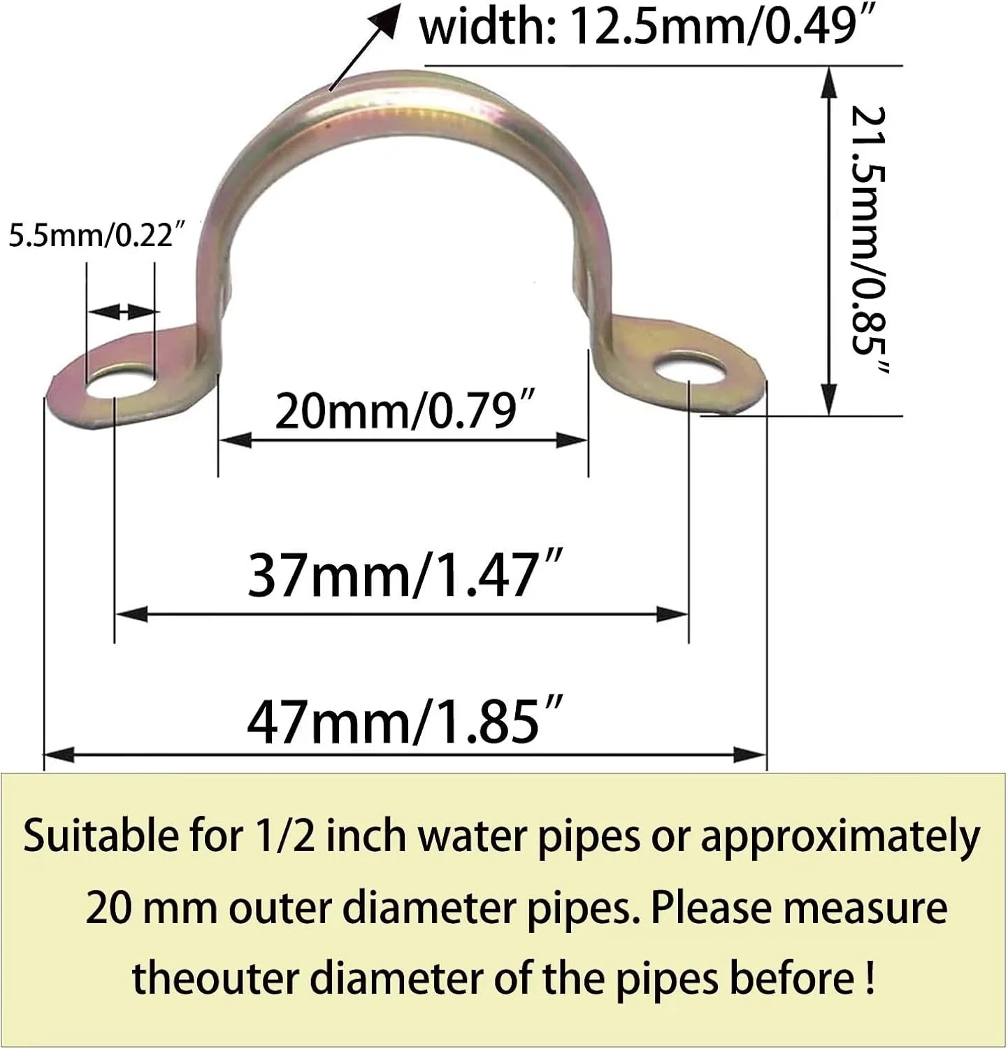 بست لوله 1/2 اینچ، دو سوراخه، گالوانیزه، رنگ برنجی، بست لوله U شکل، گیره لوله U، محکم کننده لوله (20 میلی متر، 50 عدد)