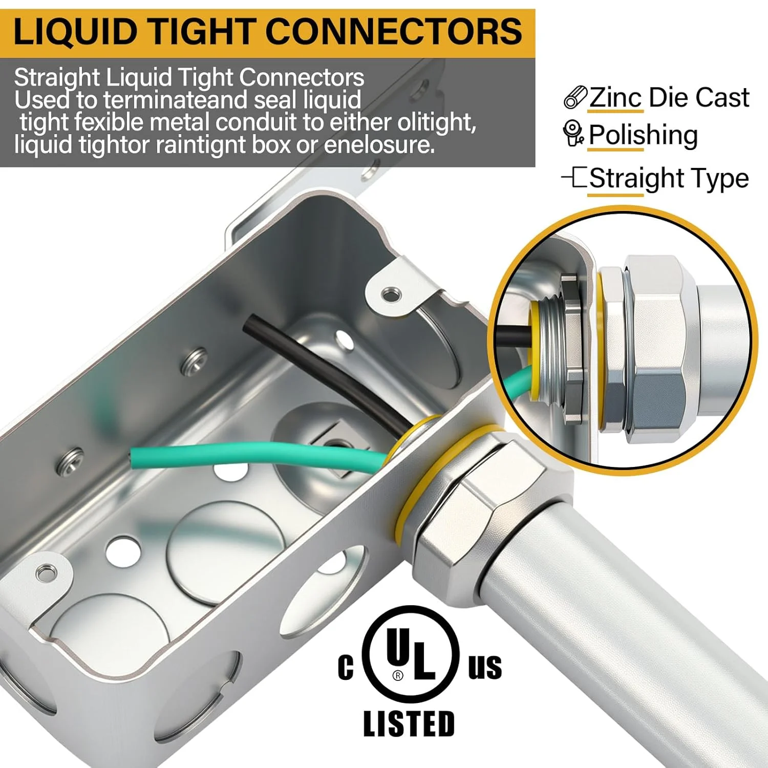 اتصالات لوله فلکسیبل مایع غیر قابل نفوذ گیصافی، 5 عددی، مستقیم، عایق شده، فلز ریخته گری شده از جنس روی، اتصالات لوله برق غیر قابل نفوذ برای لوله های انعطاف پذیر 1 اینچی و نوع B