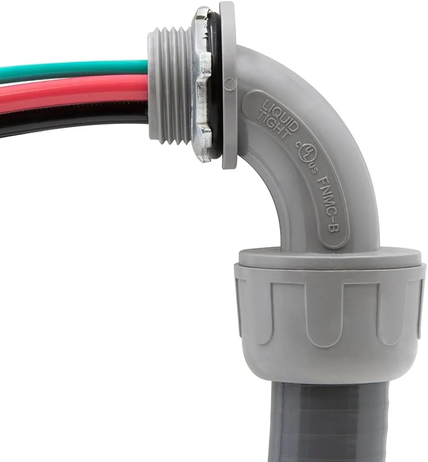 کابل خرطومی غیر فلزی پی وی سی Maxxima، سایز 1/2 اینچ در طول 1.8 متر، شامل سیم های هادی 2.3 متری با گیج 8 AWG و سیم اتصال به زمین با گیج 10 AWG، دارای یک اتصال مستقیم 1/2 اینچی و یک اتصال 90 درجه 1/2 اینچی