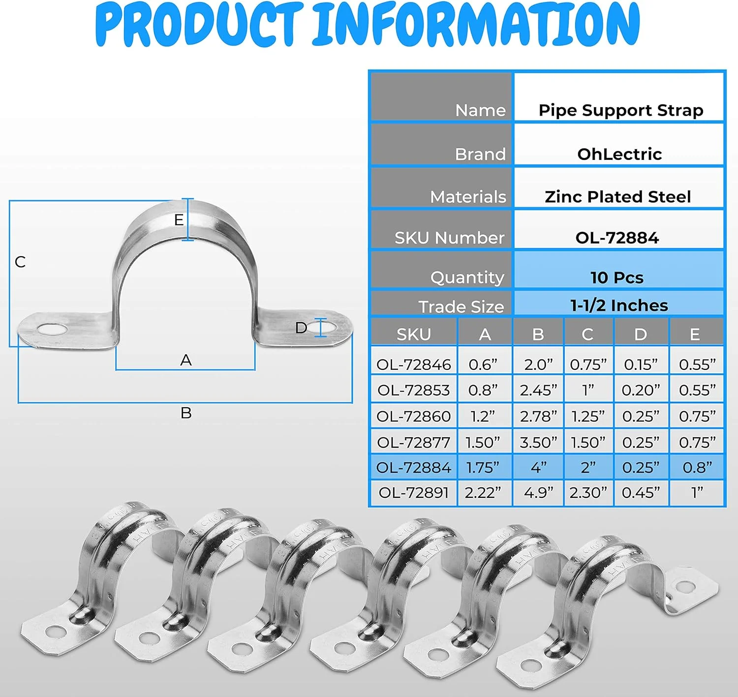 OhLectric OL-72884 بست نگهدارنده لوله 10 عددی - بست لوله استیل ضد زنگ با 2 سوراخ - براکت U شکل سنگین 1-1/2 اینچی - گیره لوله کششی با روکش روی - بست لوله سفت و سخت برای مجراهای IMC، EMT