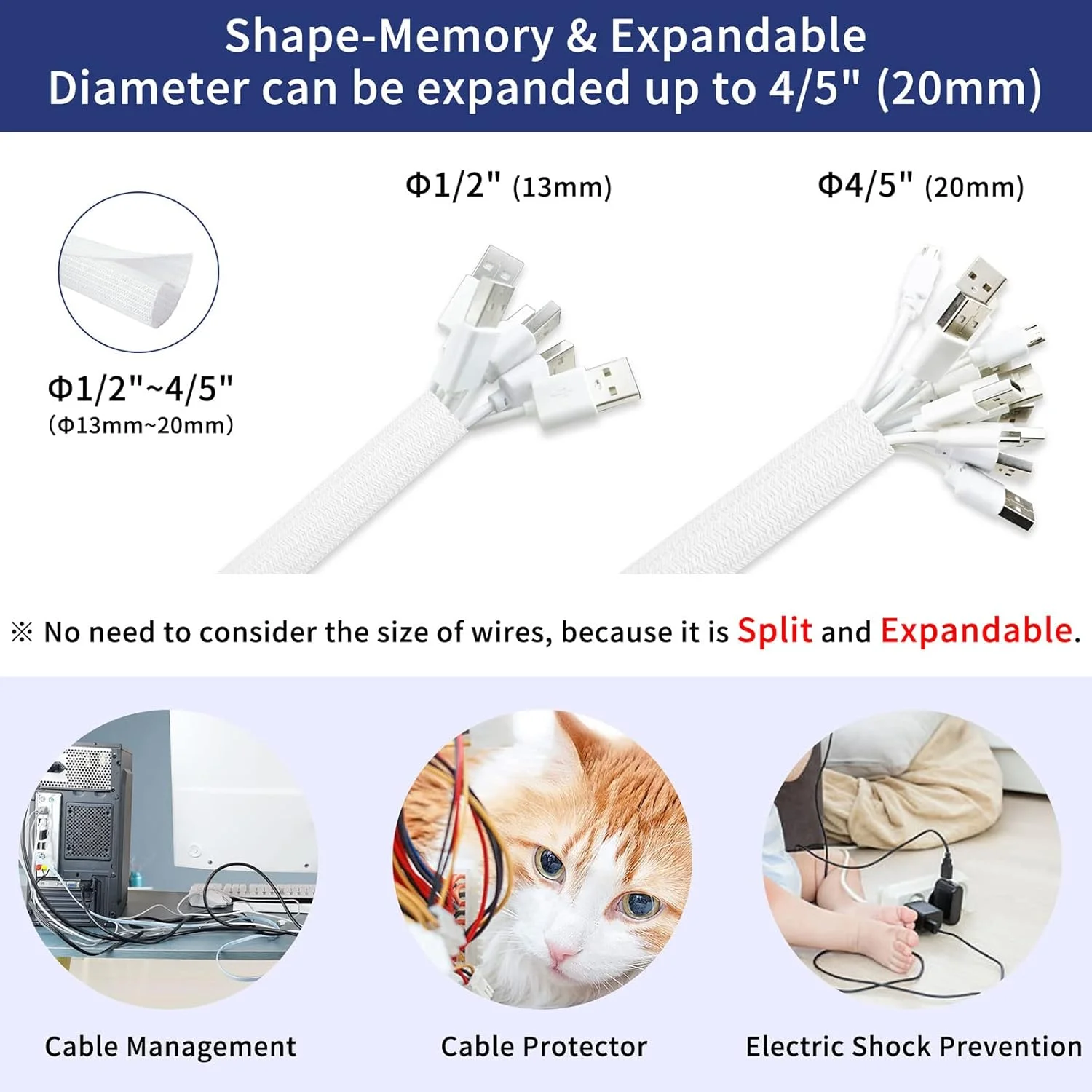 محافظ کابل سوناتور، سازمان دهنده کابل، طول 5 متر - روکش سیم 1/2 اینچی، پوشش دهنده سیم خود چسب، آستین کابل بافته شده به همراه 14 بست کابل قابل استفاده مجدد، سازمان دهنده کابل برای تلویزیون/صوتی/کامپیوتر/خودرو