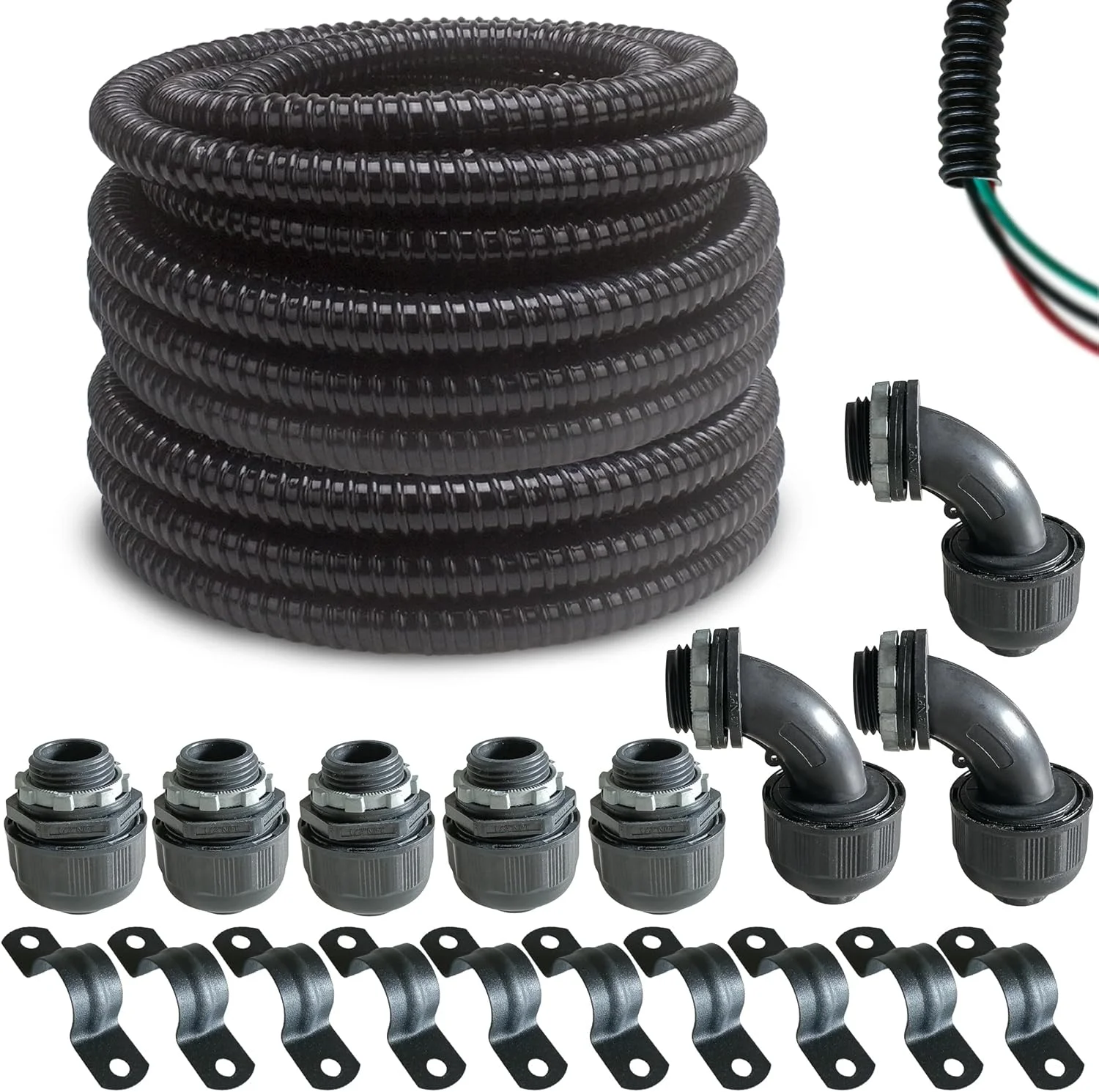 کیت لوله خرطومی برق پی وی سی مایع غیر فلزی فوق العاده انعطاف پذیر مشکی (قطر 1/2 اینچ * 50 فوت) یاریویز به همراه 5 عدد کوپلینگ، 3 عدد زانو و 10 عدد بست