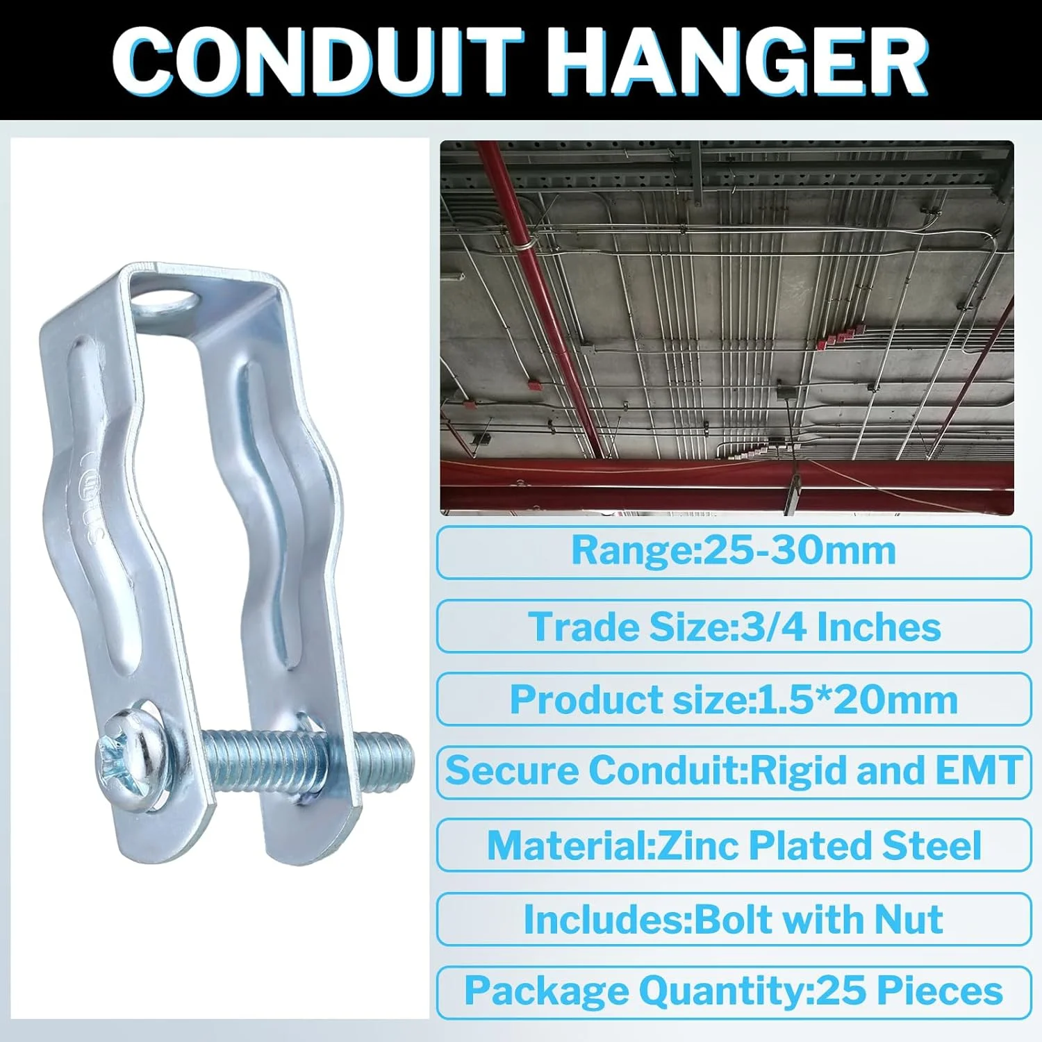 بست های عایق دار یاکوم برای میله های رزوه ای، بست های فلزی گالوانیزه برای لوله های برق، تسمه ها و آویزها، اتصالات لوله برق سخت، نصب لوله برق روی سطوح (سایز 3/4 اینچ)، 25 عدد