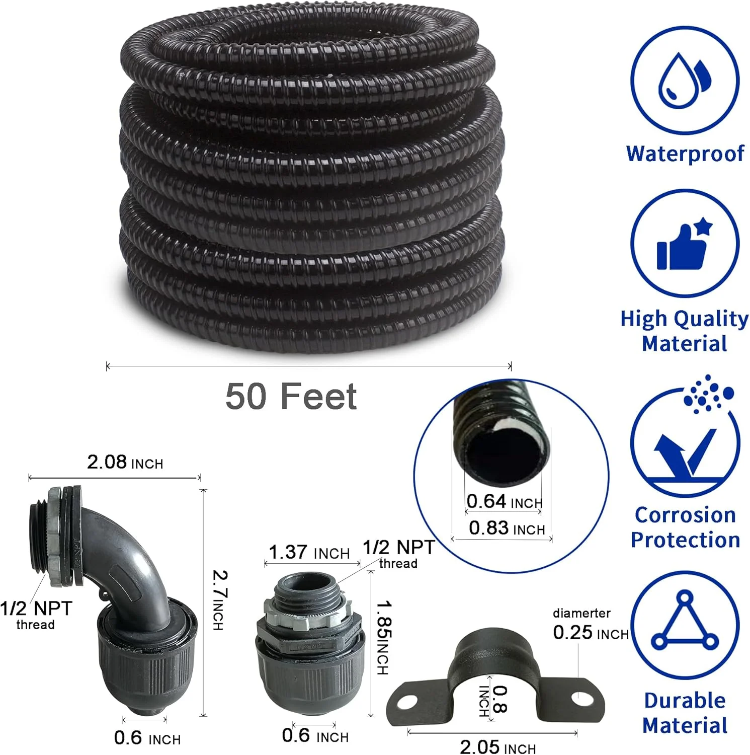 کیت لوله خرطومی برق پی وی سی مایع غیر فلزی فوق العاده انعطاف پذیر مشکی (قطر 1/2 اینچ * 50 فوت) یاریویز به همراه 5 عدد کوپلینگ، 3 عدد زانو و 10 عدد بست