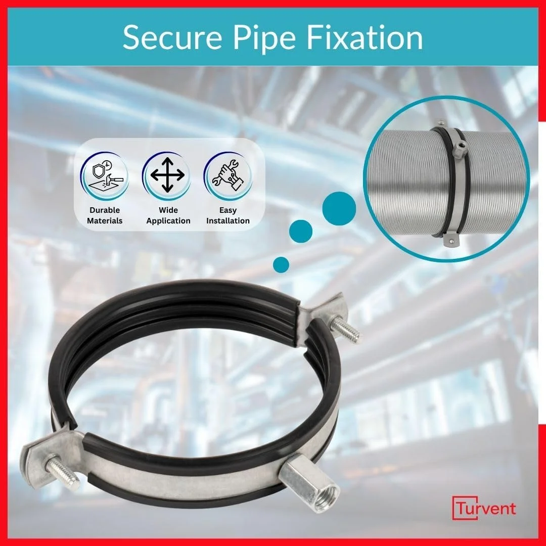 بست لوله 5 اینچی TURvent - براکت نصب فولادی گالوانیزه - گیره کانال با واشر لاستیکی و رزوه M8/M10 - براکت های فلزی نگهدارنده برای سیستم تهویه مطبوع