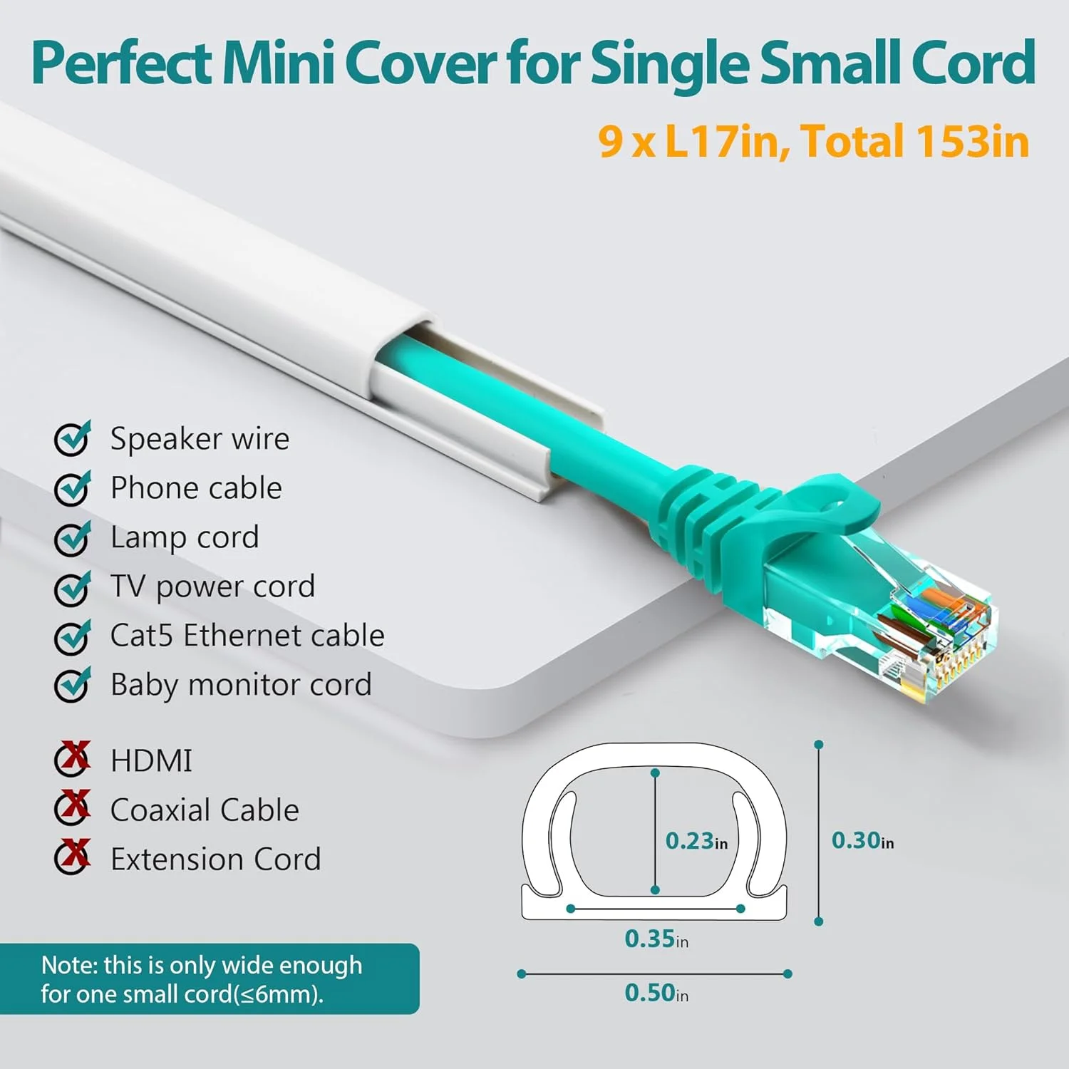 پوشش تک سیم ژی یو - پوشش سیم مینی 388 سانتی متری، پوشش سیم برای پنهان کردن سیم بلندگو، سیم مانیتور کودک - کانال سیم قابل رنگ آمیزی برای مخفی کننده کابل، 9 عدد L43 سانتی متر W1.27 سانتی متر H0.89 سانتی متر، CMR05 سفید