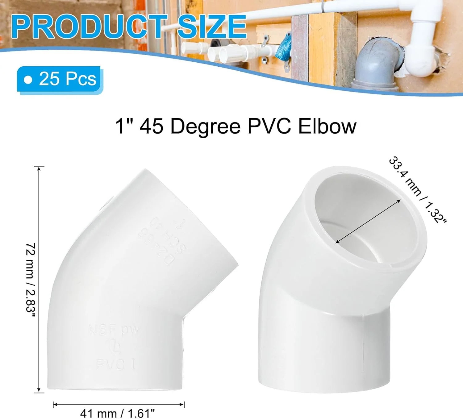 اتصال زانویی PVC با زاویه 45 درجه PATIKIL، سایز 1 اینچ، بسته 25 عددی، اتصال دهنده لوله 2 طرفه، اتصالات درجه یک مبلمان، آداپتور اتصال گوشه لوله برای ساخت محصولات استخر، گلخانه، باغ