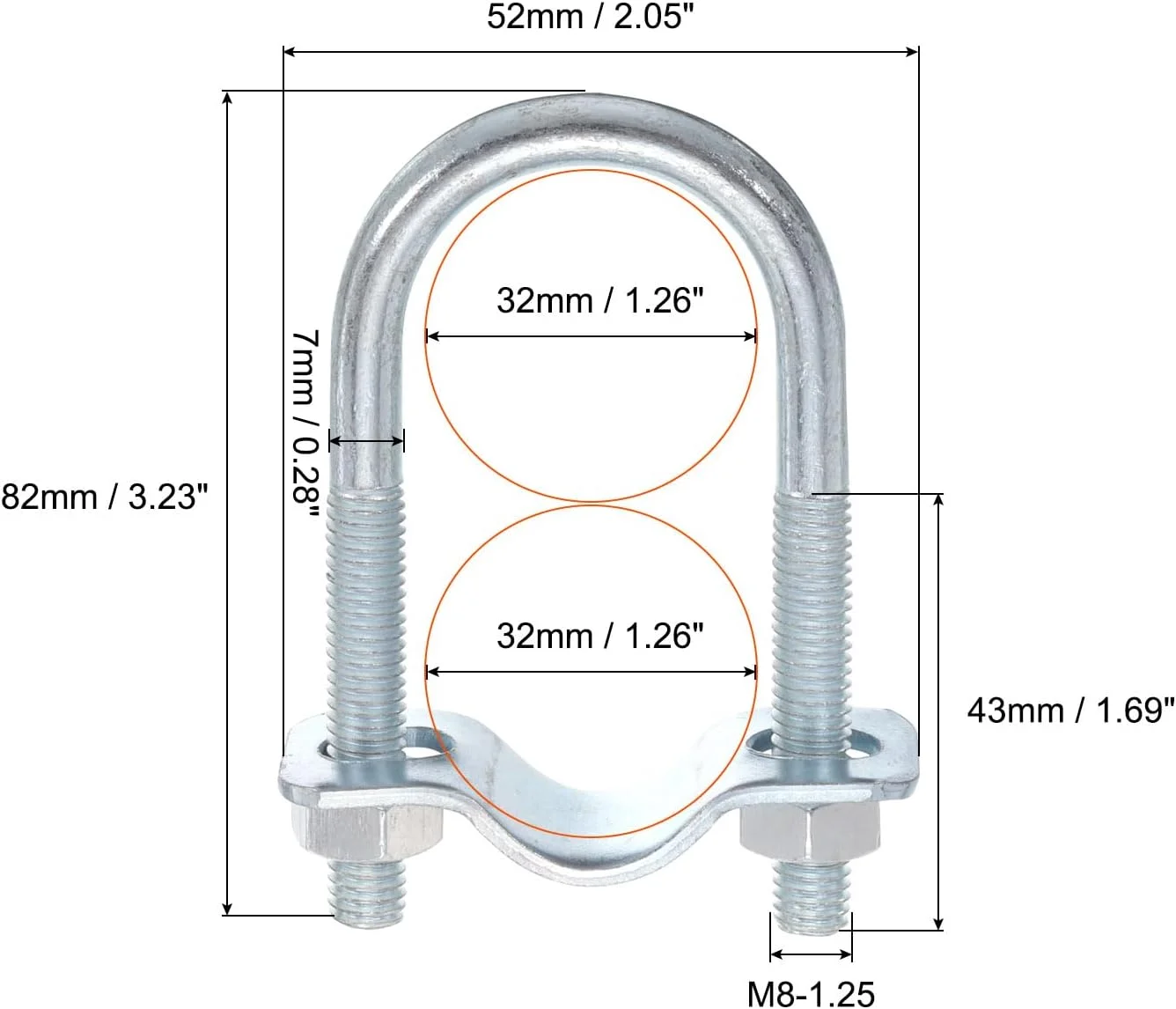 گیره لوله U شکل گرد، بسته 6 عددی، مناسب برای لوله 32 میلی‌متری به 32 میلی‌متری، بست لوله دوتایی برای قاب سایبان گلخانه، دکل آنتن