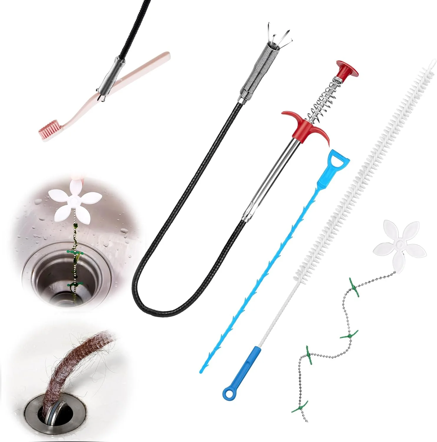 مجموعه 4 عددی فنر تخلیه سینک، قلاب تمیز کننده 3 متری، فنر تمیز کننده لوله، برس تمیز کننده لوله 70 سانتی متری، برس تخلیه، ابزار رفع گرفتگی مو، میله های تمیز کننده ملایم تخلیه